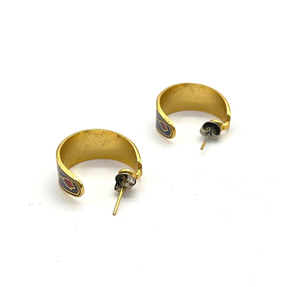Vintage Cloisonne Enamel Floral Butterfly Hoop Earrings Gold Tone Navy Blue - Picture 5 of 8